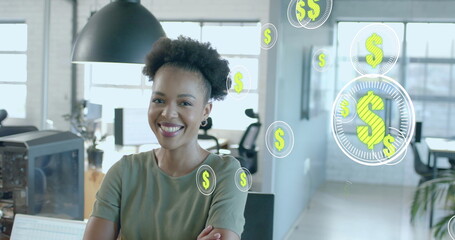 Poster - Image of dollar signs data processing over african american businesswoman in office
