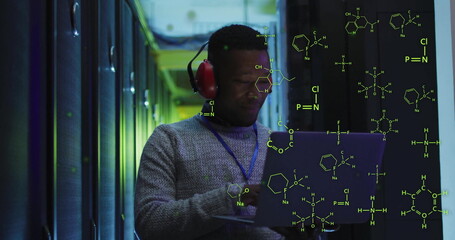 Poster - Image of scientific data processing over african american male it technician by servers
