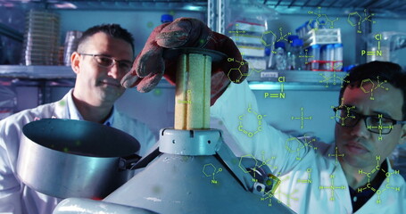 Poster - Image of scientific data processing over diverse scientists in laboratory