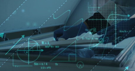 Poster - Image of scientific data processing over caucasian female scientist in laboratory