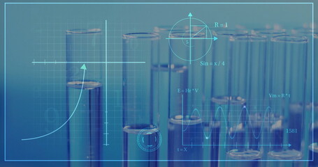 Poster - Image of scientific data processing over test tubes in laboratory