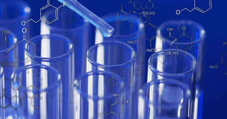 Poster - Image of scientific data processing over test tubes in laboratory