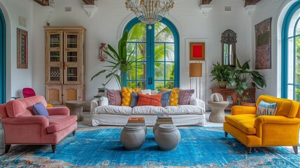 Poster - Brightly Colored Living Room With Large Windows