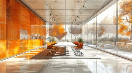 Wall Mural - Modern Office Interior with Glass Walls and Fall Foliage