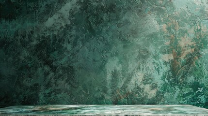 Poster - Empty marble table with cement stone background and green lighting for rustic product display on abstract green backdrop