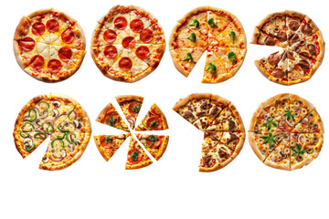 Canvas Print - Different pizzas with various tasty pieces, isolated on a white background, showcasing the high-calorie nature of fast food cuisine