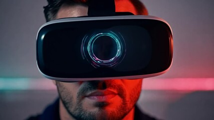 Poster - A man wearing a virtual reality headset looks ahead with a focused expression. His face is illuminated by red and green lights.