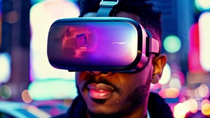Poster - A man wearing a virtual reality headset stands in a city setting, with colorful lights out of focus in the background.