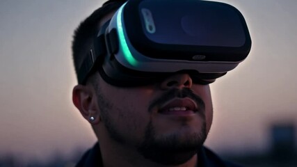 Poster - A man with a beard looks up into a virtual reality headset while standing outdoors.