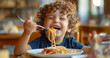 Cute little kid boy eating spaghetti bolognese or pasta macaroni bolognese at home. Happy child eating fresh cooked healthy meal with noodles. Generative Ai.