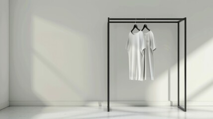 Minimalist White Room with Black Metal Clothing Rack and Hanging Clothes for Fashion and Home Decor Themes