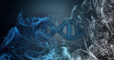 Poster - DNA strand and particles image over dark blue background