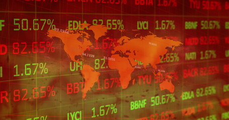 Poster - Image of financial data processing over world map and flames