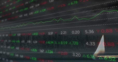 Poster - image of financial data processing over lit match