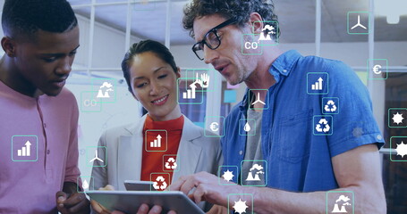 Poster - Image of ecology icons over diverse colleagues using tablet in office