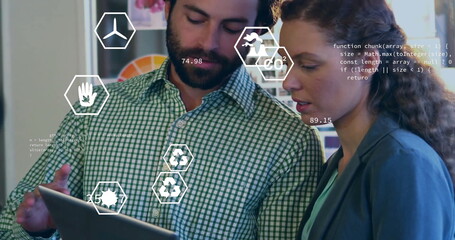 Poster - Image of ecology icons over diverse colleagues using tablet in office