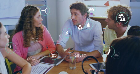 Poster - Image of ecology icons over diverse colleagues at meeting in office