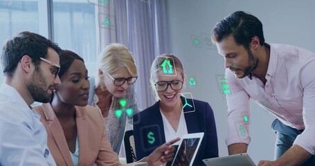 Poster - Image of ecology icons over diverse colleagues using technology in office