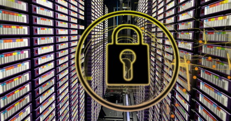 Poster - Image of shapes and padlock over server room