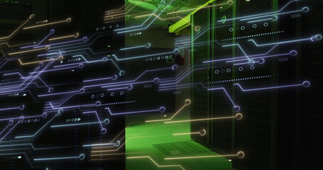 Poster - Image of data processing and shapes over server room