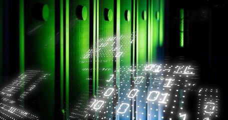 Poster - Image of data processing and shapes over server room