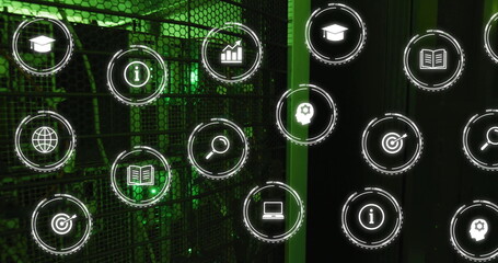 Poster - Image of business icons over server room