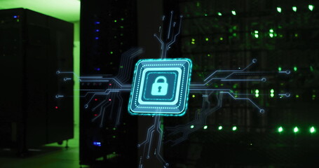 Poster - Image of padlock with connections over server room