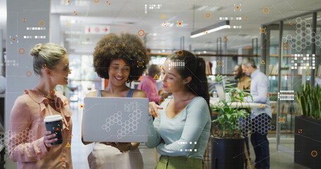 Poster - Image of processing data over happy diverse female colleagues using laptop at casual office