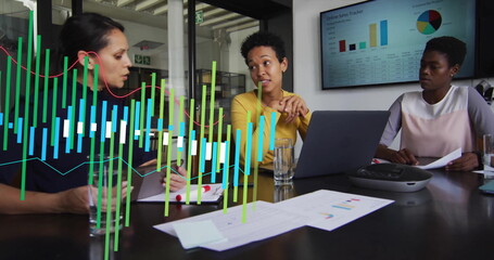 Poster - Image of green graph processing data over diverse female colleagues at casual office meeting
