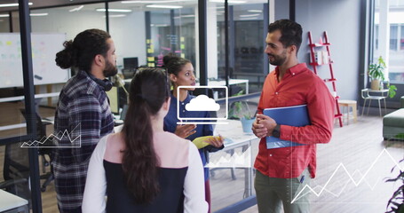 Poster - Image of media icons processing over diverse colleagues discussing at casual office