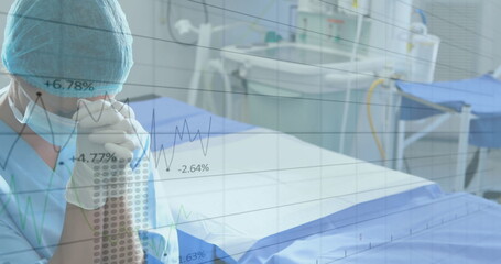 Poster - Image of data processing over caucasian female surgeon