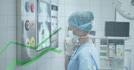 Poster - Image of data processing over caucasian female surgeon