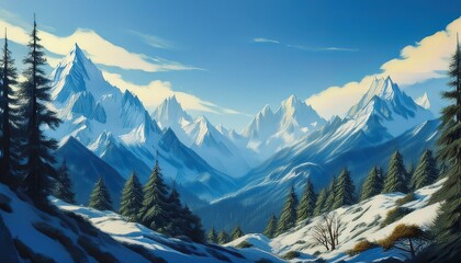 Wall Mural -  serene mountain landscape with snow-capped peaks and a clear blue sky, foreground filled w 