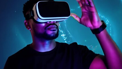 Poster - A man wears a VR headset and looks around a virtual world. Neon blue lights illuminate the space around him.
