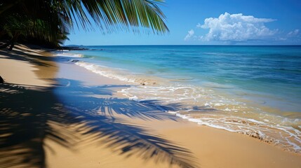 Wall Mural - dreamy beach scene golden sand meets azure waters under palm shadows