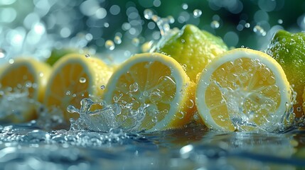 Wall Mural - Lemon Halves Splashing in Water