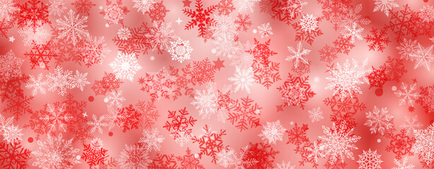 Wall Mural - Christmas background of beautiful complex snowflakes, in red colors. Winter illustration with falling snow.