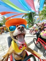 Wall Mural - A happy dog wearing sunglasses and a hat rides a bicycle. AI.