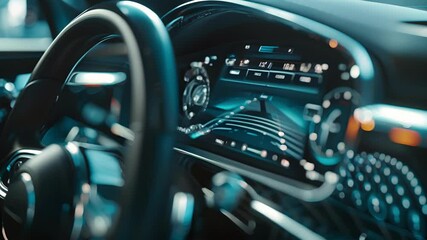 A closeup of the sleek silver dashboard display screen surrounded by various buttons and levers on the steering column.