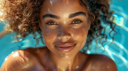 Sticker - Close-up portrait of a beautiful young woman with freckles on her face smiling at the camera while swimming in a pool. AI.