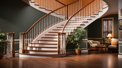 Canvas Print - Warm and welcoming entrance with a burnt orange staircase a handcrafted wooden door and a pale hardwood floor  