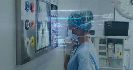 Poster - Image of data processing over caucasian female surgeon