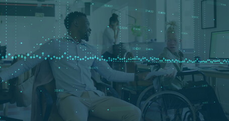 Poster - Image of data processing over happy diverse colleagues talking at casual office