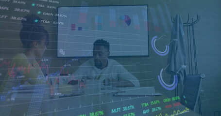 Poster - Image of data processing over diverse male and female colleague discussing at casual office
