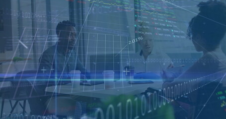 Poster - Image of data processing over diverse male and female colleagues discussing at casual meeting