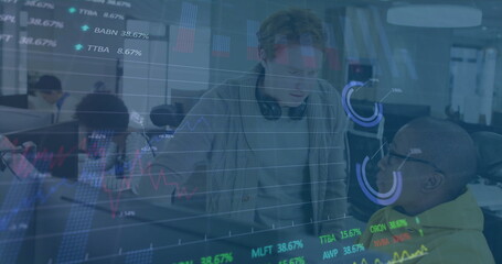 Poster - Image of charts and data processing over diverse male colleagues discussing at computer