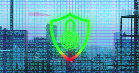 Aufkleber - Image of data and flashing red and green padlock and shield icon over cityscape