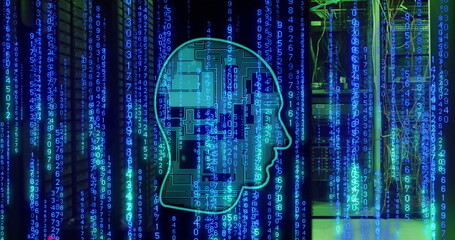 Poster - Image of head, binary coding and data processing over computer servers