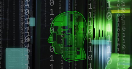 Poster - Image of head, binary coding data processing over computer servers