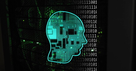 Poster - Image of head, binary coding and data processing over black background